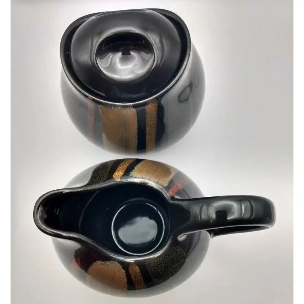 Sango Avanti Black #4721 Creamer & Sugar Bowl with Lid‎ Ceramic Pottery Set NWOT